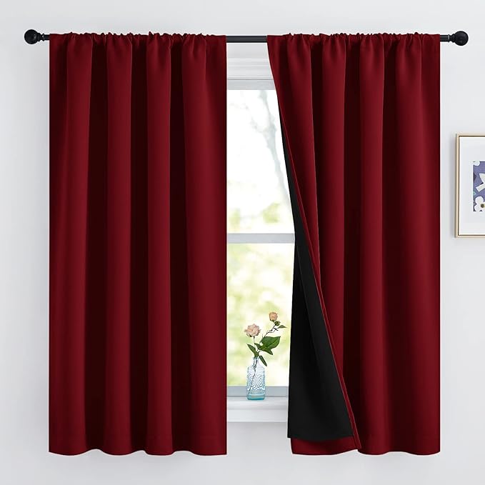 NICETOWN 100% Blackout Curtain Panels, Thermal Insulated Black Liner Curtains for Kitchen, Noise Reducing & Cold Blocking Drapes for Windows (Set of 2, Burgundy Red, 52 inches Wide by 63 inches Long)