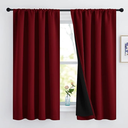 NICETOWN 100% Blackout Curtain Panels, Thermal Insulated Black Liner Curtains for Kitchen, Noise Reducing & Cold Blocking Drapes for Windows (Set of 2, Burgundy Red, 52 inches Wide by 63 inches Long)