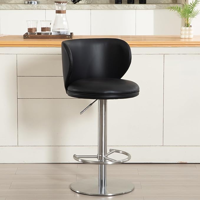 Stainless Steel Bar Stools,Grade Modern Leather Bar Chair with Backrest,Swivel Adjustable Height for Kitchen Counter and Dining Room (Black Leather-1pc)