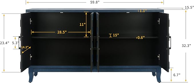60" Accent Sideboard with Adjustable Shelf,Modern Farmhouse Accent Cabinet W/Solid Wood Legs,Console Credenza Buffet Table,for Kitchen Dining Room Entryway Hallway,Antique Navy Blue
