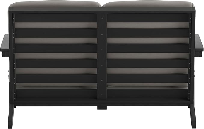 Flash Furniture Charlestown Adirondack Style Deep Seat Patio Loveseat with Cushions - Black Poly Resin Frame - Charcoal All-Weather Cushions - Indoor/Outdoor