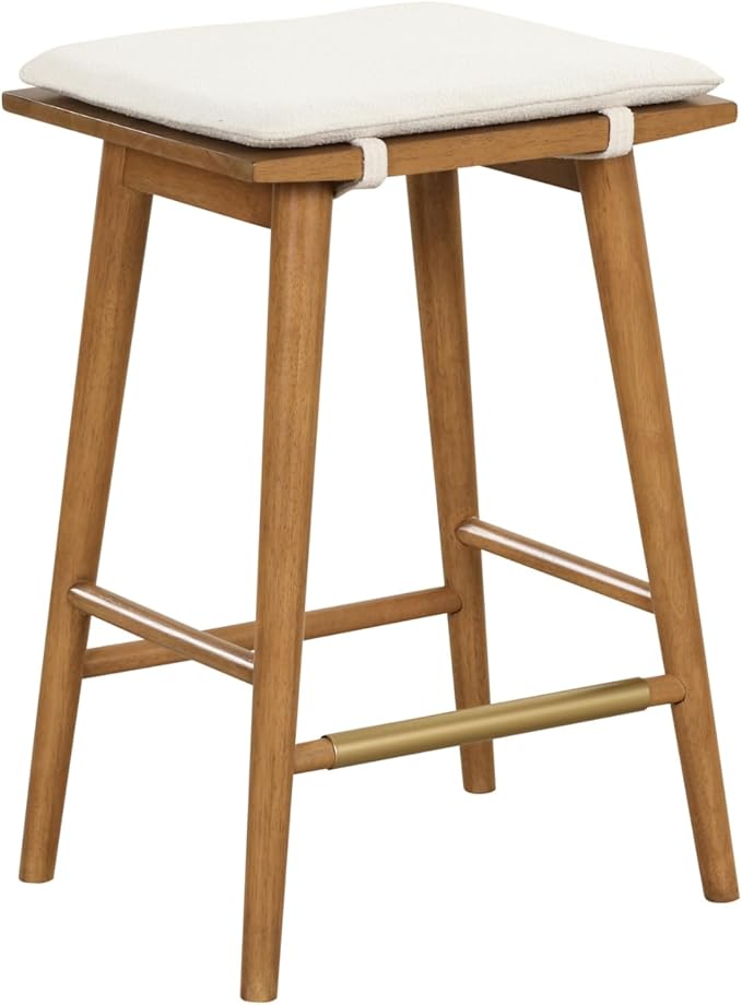 Nathan James Barker Counter Height Solid Wood Barstool with Upholstered Cushion, Backless Island Stool with Rubberwood Legs and Natural Textured Linen Upholstery for Kitchen, Brown/White