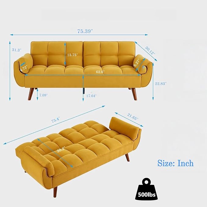 Convertible Futon Sofa Bed, Modern Futon Couch with 2 Pillows, Small Futons Couch with Adjustable Armrest & Backrest, Loveseat Sofa Bed for Living Room, Bedroom, Yellow