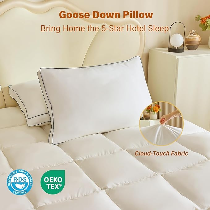 Goose Down Pillows for Neck Pain - Perfect Balance of Softness and Support,Relief for Side and Back Sleepers, Hotel Down Pillows Queen/Standard Size Set of 2