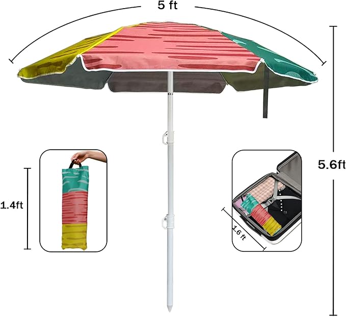 LOTTAFUN Water Table Kid Umbrella 5ft Beach Umbrella - Heavy Duty Wind Resistant UV 50+ Portable Sun Shade with Sand Anchor & Carry Bag, Outdoor Folding Umbrella for Beach,Pool,Patio,Garden (3 Color Block)