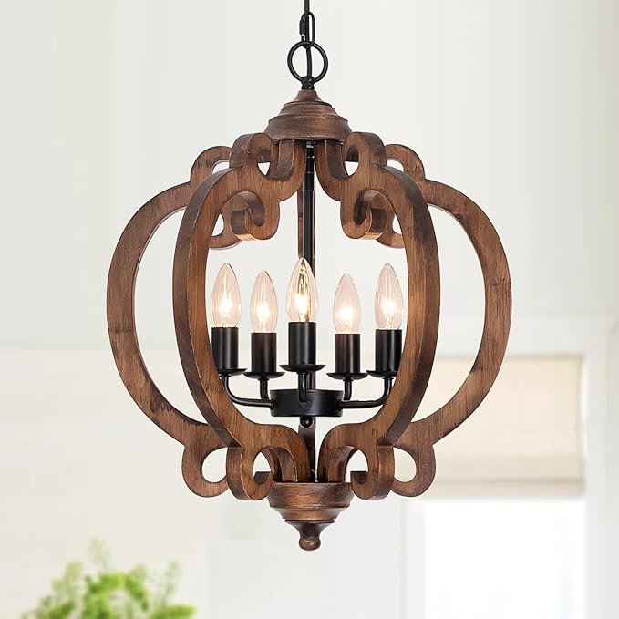 17.72'' Farmhouse Wood Chandelier, 5-Light Rustic Dining Room Light Fixture, Farmhouse Hanging Pendant Lighting, Vintage Orb Chandeliers for Kitchen Island Foyer Living Room Bedroom