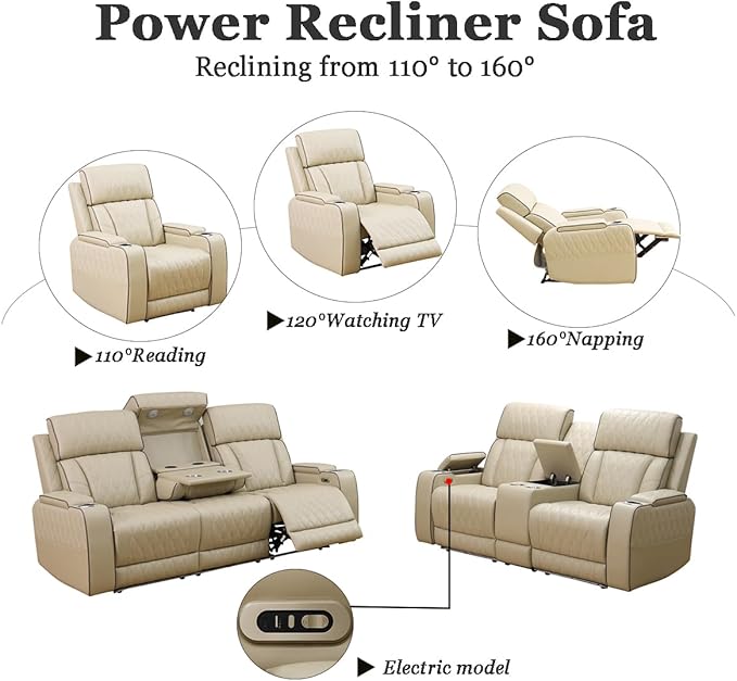 A Ainehome Power Leather Recliner Sofa Sets with LED Lights, Recliner Couch Sectional Couches for Living Room, Reclining Sofa and loveseat, Storage Console (Khaki,Sofa+loveseat)