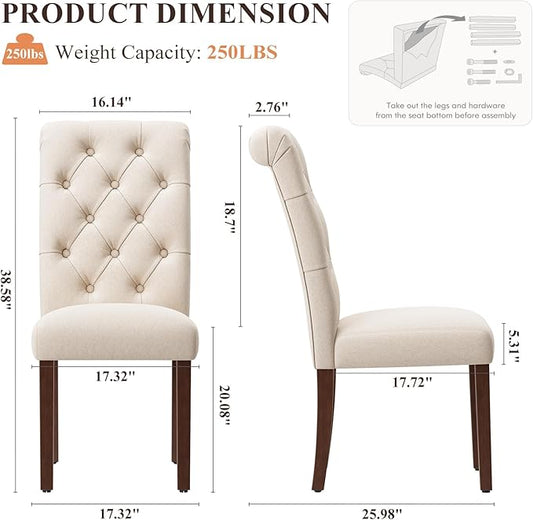 Upholstered Tufted Dining Room Chairs Set of 2, Parsons Kitchen Chairs with Padded Seat and Solid Wood Legs, Fabric Accent Side Diner Chair for Dining Room/Kitchen/Living Room, Beige