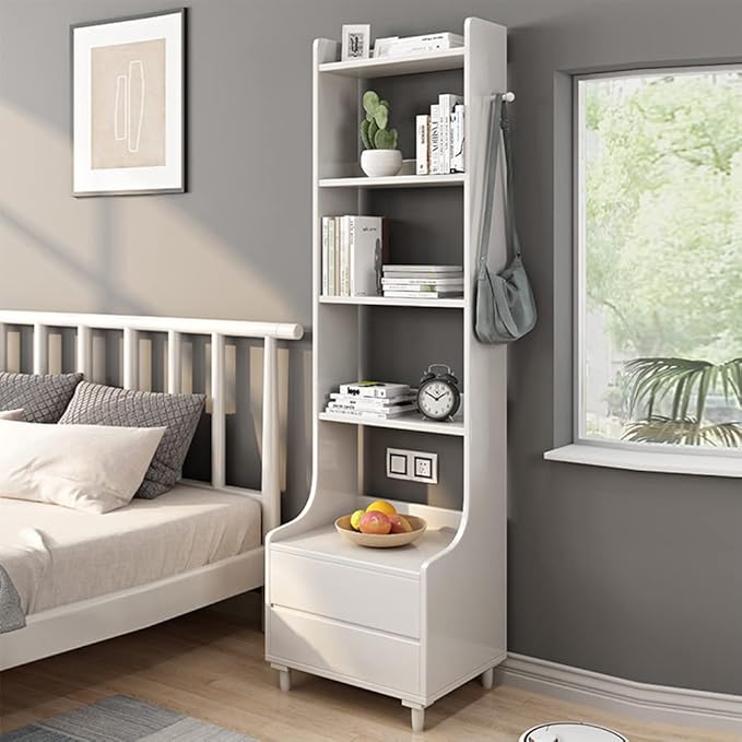 IOTXY White Bedside Table Bookshelf - 71" Tall Floorstanding Wooden Open Shelf Bookcase with 2-Drawers and 4-Shelves, Bedroom Bed Side End Table, Nightstand
