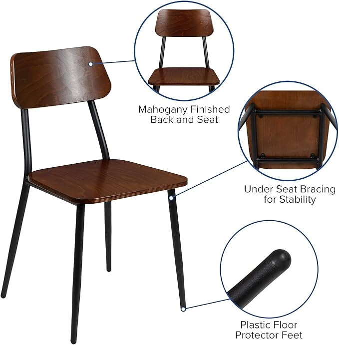 Flash Furniture Lincoln Stackable Industrial Dining Chair with Gunmetal Steel Frame and Rustic Wood Seat, Set of 2