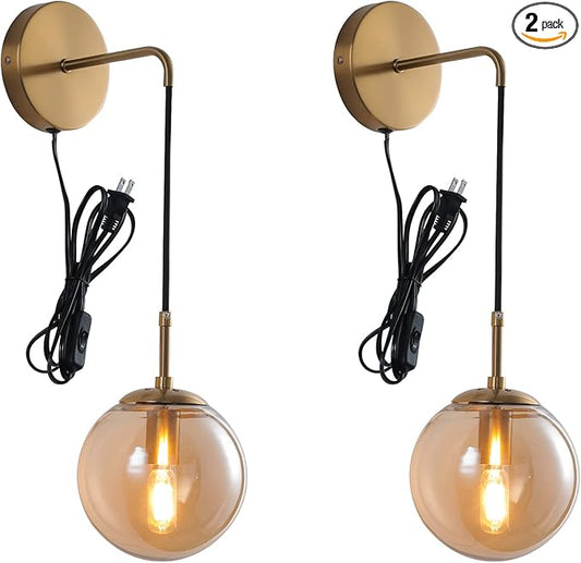 Wall Sconces Set of Two Plug in Wall Sconces with Globe Amber Glass Shade Wall Lamp with Cord Wall Sconce Plug in Brushed Brass Gold Sconces Set of 2 Wall Light Sconce