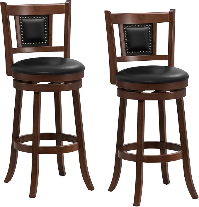 GOFLAME 30.5” Upholstered Bar Stools Set of 2, Swivel Bar Height Stools with Curved Backrest & Footrest, Solid Rubber Wood Barstools for Kitchen Island, Bar Counter, Cafe, Dining Room