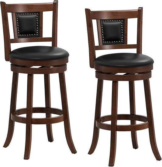 GOFLAME 30.5” Upholstered Bar Stools Set of 2, Swivel Bar Height Stools with Curved Backrest & Footrest, Solid Rubber Wood Barstools for Kitchen Island, Bar Counter, Cafe, Dining Room