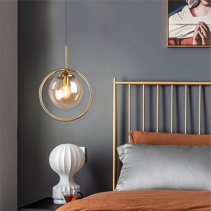BOKT Modern 1-Light Globe Pendant Light Mid Century Amber Glass Ball Pendant Lighting Brushed Gold Single Round Circle Hanging Lamp Kitchen Island Dining Room Pendant Light Fixture