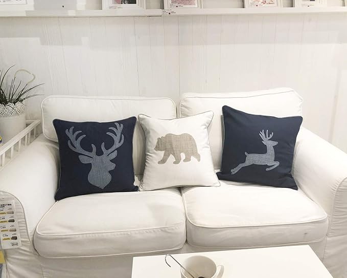 Cotton Pillow Case Decorative Deer Head Pillow Cover for Sofa Cushions Covers 18x18 Inches (Navy)