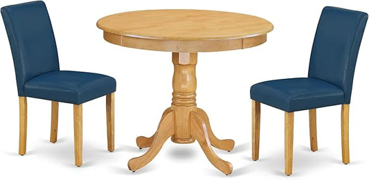 East West Furniture ANAB3-OAK-55 3 Piece Kitchen Table & Chairs Set Contains a Round Dining Room Table with Pedestal and 2 Oasis Blue Faux Leather Parsons Chairs, 36x36 Inch, Oak