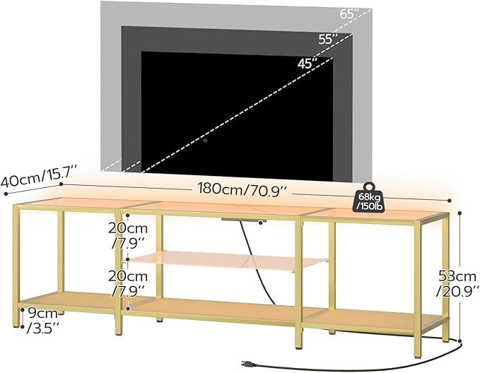 HOOBRO TV Stand with LED Lights and Power Outlets for TVs up to 75", Modern 70.9 Inch Tempered Glass TV Console Table with Open Shelves, Media Entertainment Center for Living Room, Gold GD185UDS01