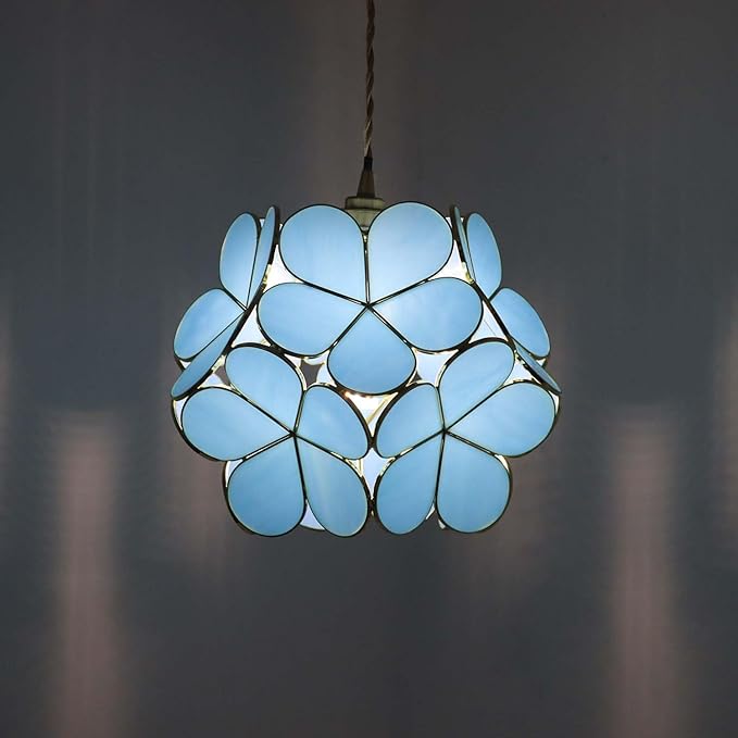 Bieye L11025 Petals Tiffany Style Stained Glass Ceiling Pendant Light for Home Decoration (Sky Blue, 12" Cherry Blossom)