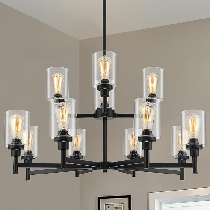 Black Chandelier for Living Room Light Fixture, Large Farmhouse Chandeliers with Clear Glass Shade, Industrial 2-Tier 12 Lights Hanging Lighting for Dining Room Restaurant Villa