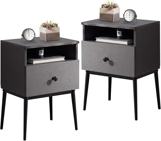 VECELO Night Stand for Bedroom Set of 2,Modern Solid Wood Nightstand with Storage Shelf and Drawer, Bedside Table End Table for Living Room,Bedroom,Entryway,Easy Assembly,Gray