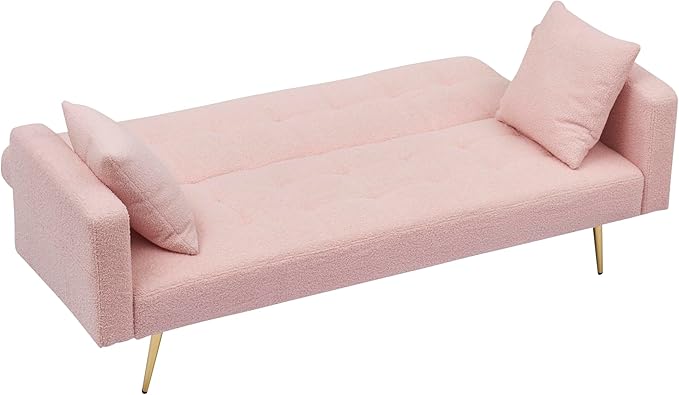 Teddy Fleece Upholstered Folding Futon Sofa Bed Convertible Sleeper Couch with 3 Adjustable Backrest, Recliner Loveseat Lounge Sofabed Daybed with Golden Metal Legs for Living Room Office