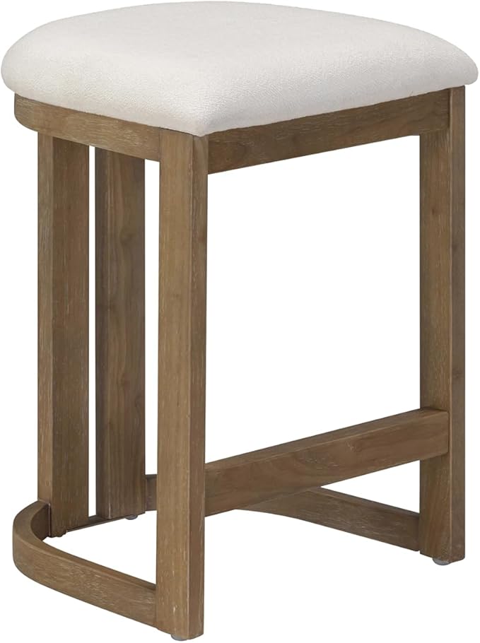 Nathan James Veya Modern Backless Bar Stool, Barrel Bar Stool with Boucle Upholstery and Solid Wood Legs, Light Brown