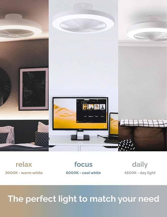 Orison Smart Bladeless Low Profile Ceiling Fan with LED-RGB Ambient Lighting Compatible with Alexa/Google Assistant/App Control, 6-Speed Color Change, Quiet Operation with Remote &App,19.7" (White)