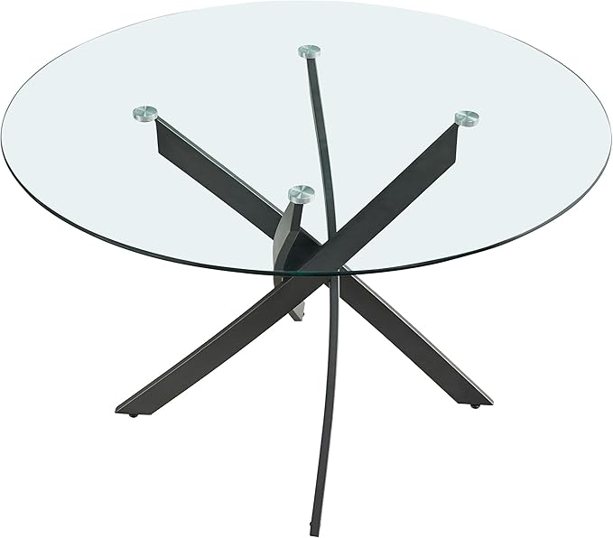 Meridian Furniture 986-T Xander Collection Modern | Contemporary Dining Table with Matte Black Metal Base, 48" Round Tempered Glass Top, 10MM Glass Thickness, 48" W x 48" D x 30" H, Black