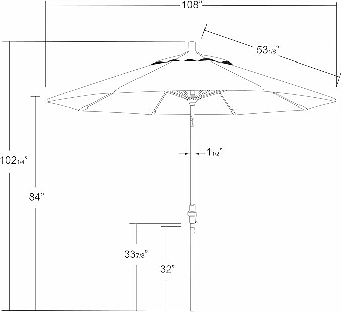 California Umbrella 9' Round Aluminum Pole Fiberglass Rib Patio Umbrella, Crank Lift, Collar Tilt, White Finish, Woven Navy/White Stripe