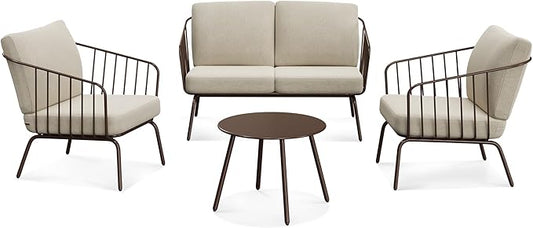 East Oak 4-Piece Plaza Patio Furniture Set, Outdoor Furniture with Thick Cushion Sofa and Coffee Table, Modern Patio Conversation Set for Garden, Backyard and Porch, Brown & Beige