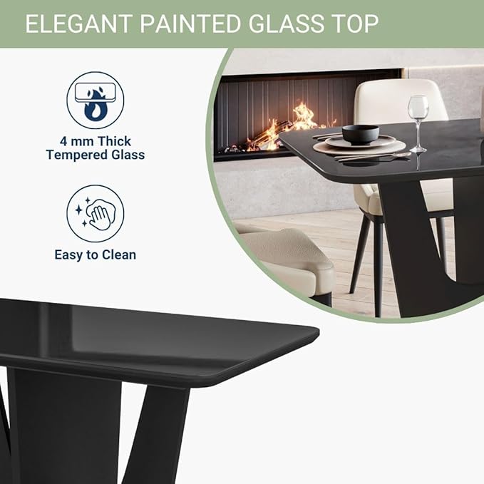 Modern Painted Glass Dining Table for 4 with Tempered Glass Top and Contemporary Wood Base, Elegant and Compact Italian-Style Design for Dining Rooms, Black