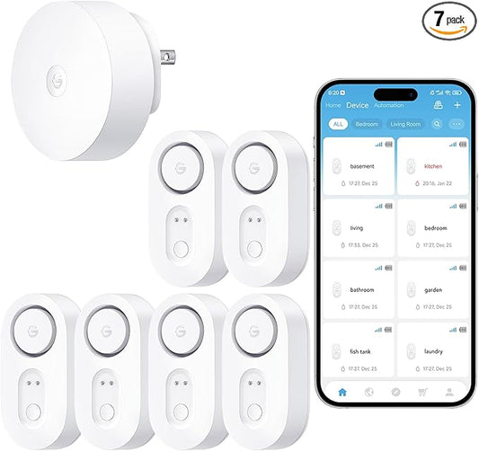 GoveeLife Upgraded Smart Water Leak Detector 1s with 1804ft Ultra-Long Range, WiFi Water Sensor with SMS/Email/APP Push and Sound Alarm, 5-Year Battery Life, Suit for Home, Basement, Kitchen, 6 Pack
