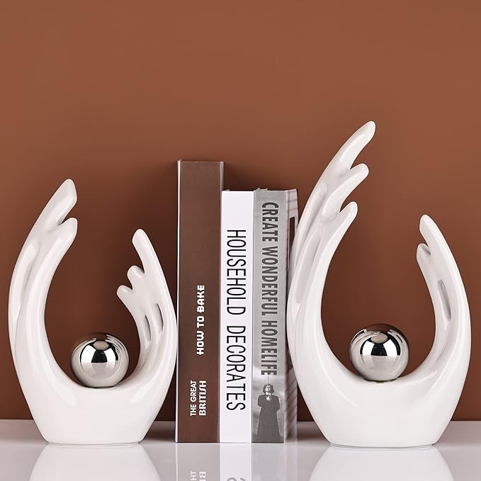 12"H White Silver Aesthetic Room Decor Accent, TV Stand Funky Table Centerpiece, Abstract Art Ceramic Statue and Sculpture, Silver Decor for Living Room, Bookshelf Decorative Objects, Shelf Decor
