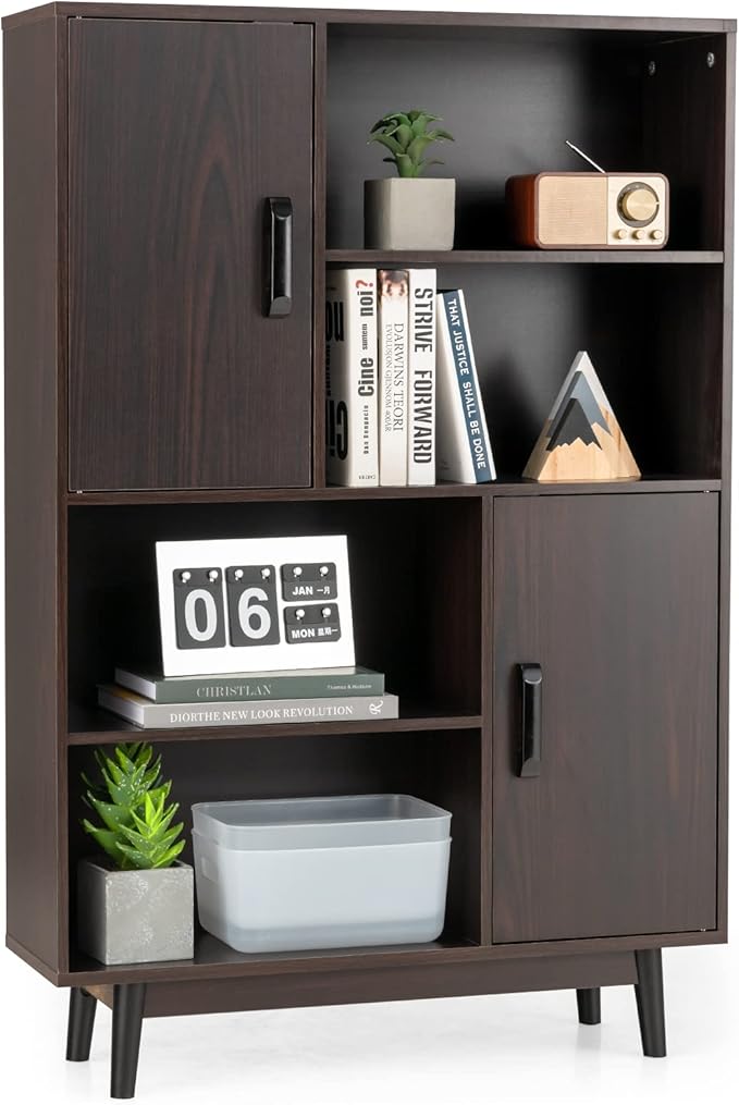 Giantex Storage Cabinet with Legs, Floor Cabinet with Doors, Shelves, Anti-Tipping Device, 4-Tier Bookshelf for Books & Photos, Tall Cupboard in Living Room, Kitchen Buffet Sideboard (Espresso)