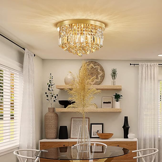 Saint Mossi 9 Light Modern K9 Crystal Raindrop Chandelier Lighting, Flush Mount, Perfect for Dining Room Bedroom; E12 Bulb Base; Height 11" x Diameter 20"; Champagne Crystal & Gold Finish