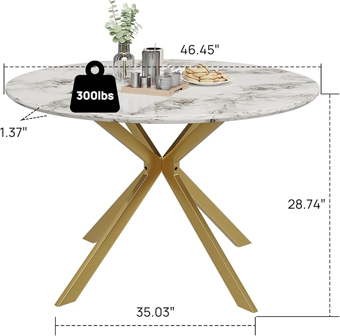 ALBAD 46.4" Round Dining Table, Mid Century Modern Round Dining Room Table for 4-6 with Metal Legs, Easy Assembly Coffee Table, Space-Saving Design for Kitchen and Dining Room