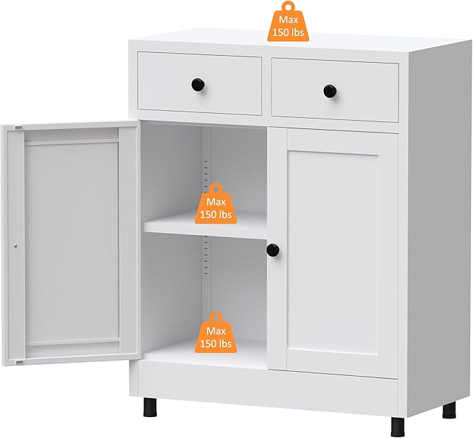 Metal Storage Cabinet with 2 Drawers and Adjustable Shelf, Sideboard Buffet Cabinet for Home, Office, Hallway, Entryway, Living Room, Kitchen Pantry and Dining Room (White)