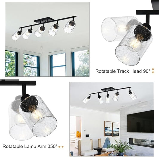 5-Light Track Lighting Fixtures, Black Flush Mount Ceiling Light Bathroom Wall Sconce Spotlight, Seeded Glass Shade