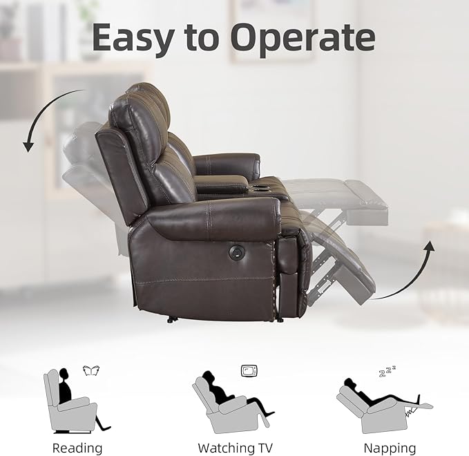 EBELLO Faux Leather Electric Reclining Loveseat Sofa, Power Recliner Two Seats Couch with USB and Type-C Charging Ports, Vintage Rivet Design for Small Living Room, Bedroom and Meeting Room, Brown