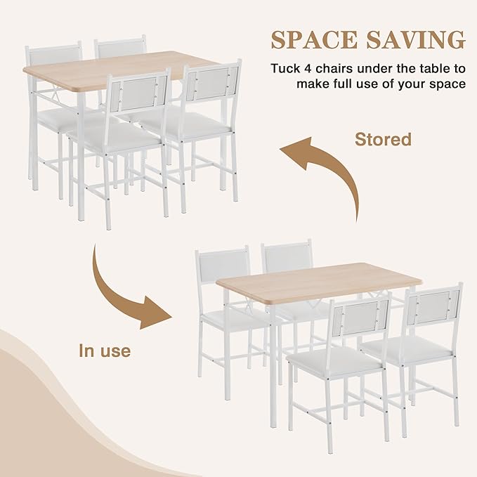 VECELO Dining Table Set for 4 with Chairs, 5-Piece Kitchen Table and Upholstered Padded Chairs Set for Small Space, Dining Room, Apartment, Natural Oak