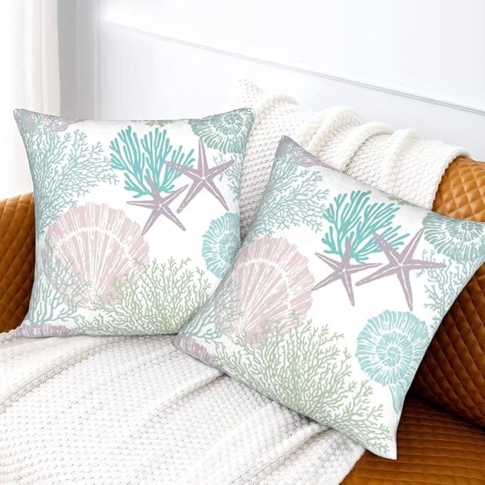 BETGINY Nautical Coastal Throw Pillow Cover 18X18 Inch Pack of 2,Summer Ocean Themed Pillow Covers Square Cotton Aqua Seashell Starfish Beach Pillow Cases Cushion for Bedroom Home Sofa Decoration