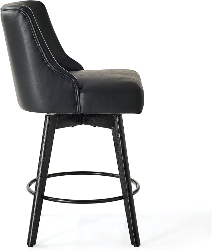 Vipbear Counter Height Bar Stools Set of 2, 26" H Swivel Bar Stools with Backs, PU Leather Upholstered Bar Chairs with Solid Wood Legs for Kitchen Island, Dining Room, Home Bar, Black