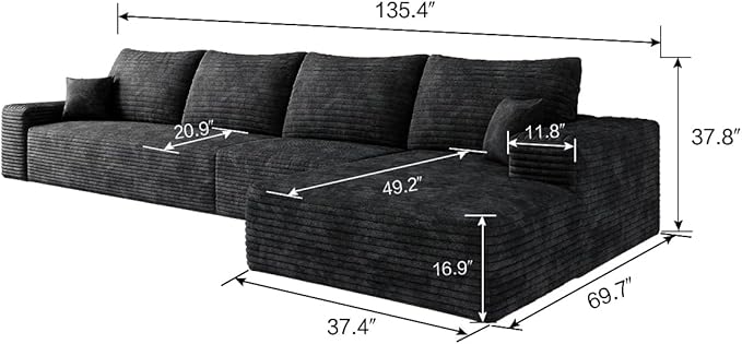 135" Corduroy Couch Sectional with Chaise, L Shape Boneless Cloud Couches for Living Room Bedroom, Fluffy Deep Seat Compression Sofa, Modular Corner Couch No Assembly, Right Facing Chaise, Black