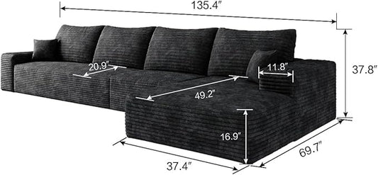 135" Corduroy Couch Sectional with Chaise, L Shape Boneless Cloud Couches for Living Room Bedroom, Fluffy Deep Seat Compression Sofa, Modular Corner Couch No Assembly, Right Facing Chaise, Black