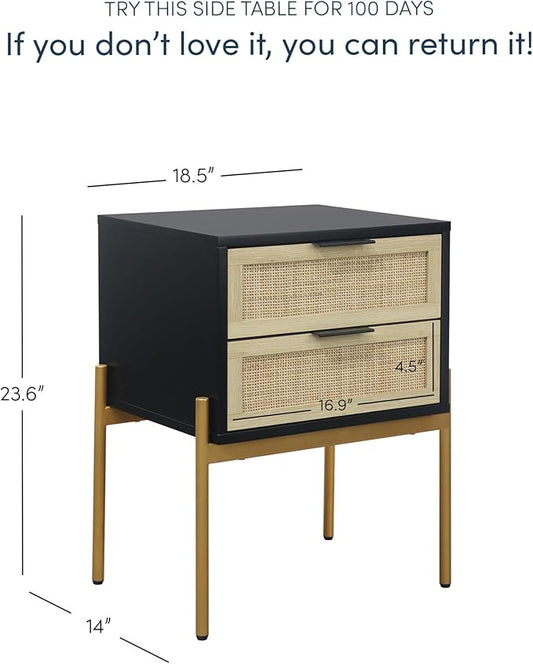 Andrew End, Bedside or Side Table in Matte Black Finish with Two Natural Rattan Drawers Doors for Storage and Brass Gold Accents for Living Room or Bedroom, Black/Cane/Gold, Set of 2
