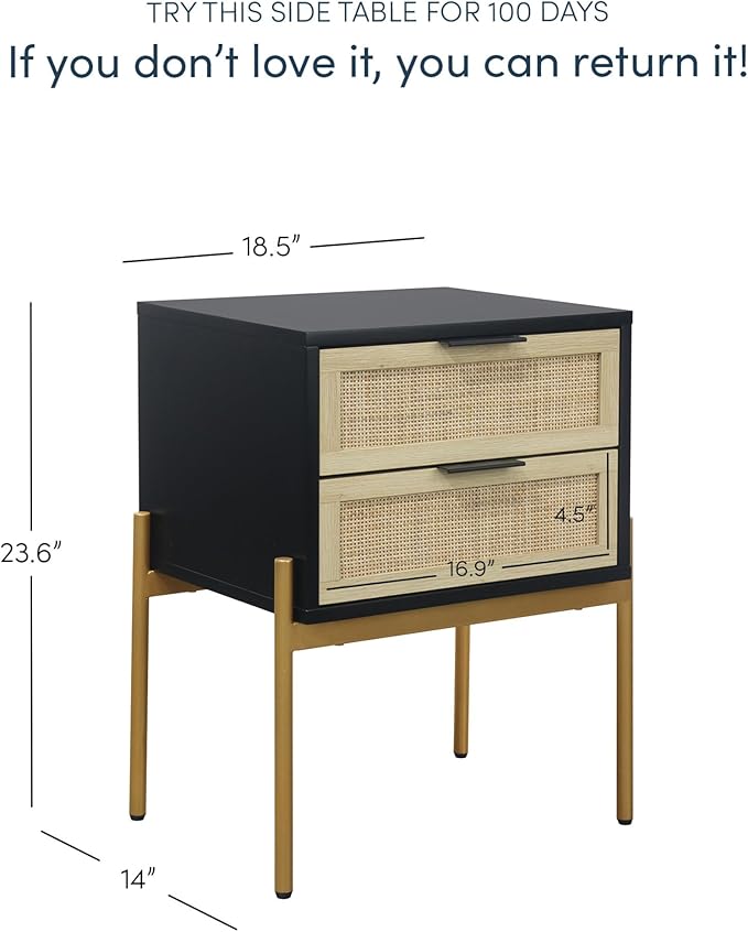 Nathan James Andrew Nightstand, Accent Bedside End Side Table with Storage Drawer, and Mid-Century Modern Legs for Living Room or Bedroom, 1, 14" D x 19" W x 24" H, Black/Cane/Gold