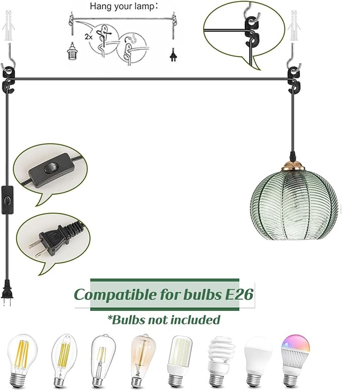 Plug in Pendant Light, Green Glass Pendant Light 14.75ft Hanging Light with Plug in Cord Hand Blown 1-Light Hanging Lamp Plug in Pendant Lighting for Kitchen Bedroom Living Dining Room