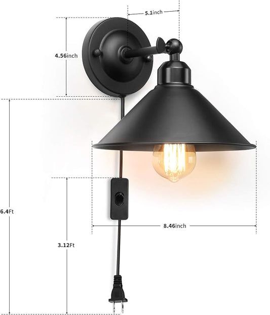 Plug in Wall Sconce, Black, Antique Swing Arm Vintage Industrial Light Fixture, Wall lamp with Plug in Cord On Off Switch E26 Base for Bedroom Bathroom Kitchen 2 Pack