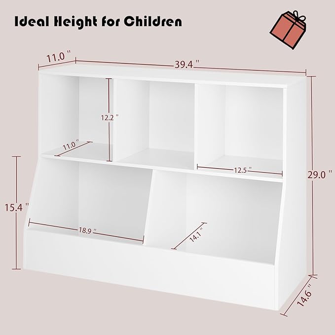 DINZI LVJ Toy Storage Organizer, Kids Bookshelf, Wood Toy Storage Cabinet, 5 Cubby Children Bookcase, 39.4" L Toddler Book Shelf for Playroom, Living Room, Nursery, Hallway, School, White