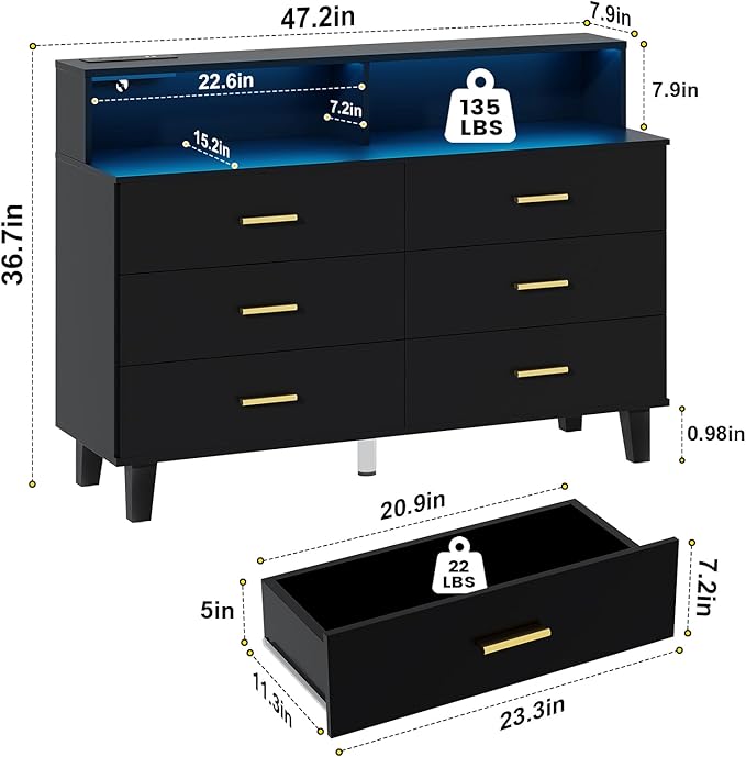 Black Dresser with LED Lights, 6 Drawer Dresser with Power Outlet for Bedroom, Large Wooden Chest of Drawers, Organizer Cabinet for Bedroom,Living Room,Hallway, Entryway